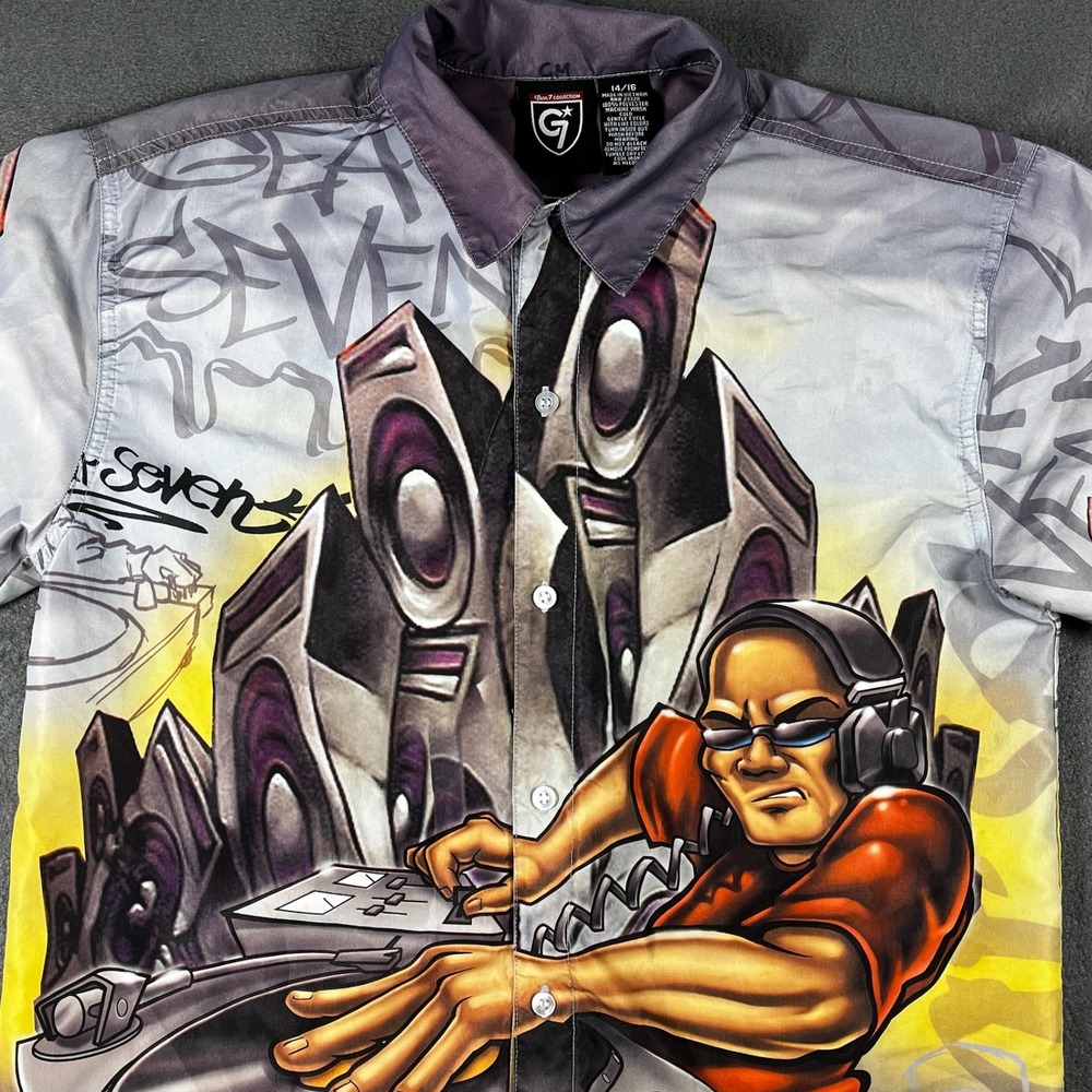 VTG Gear 7 DJ Graffiti All Over Print Shirt Men's Small Hip Hop Y2K Rave Retro